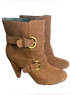 Pink Studio Tan Suede Leather Slouch Slip On Buckle Ankle Heeled Boots Size 10